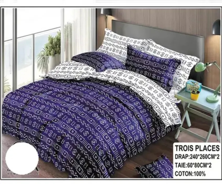 Parure de Lit 4 Pièces – 2 Draps + 2 Taies – 240×260 cm – Coton 100% – Motifs Variés
