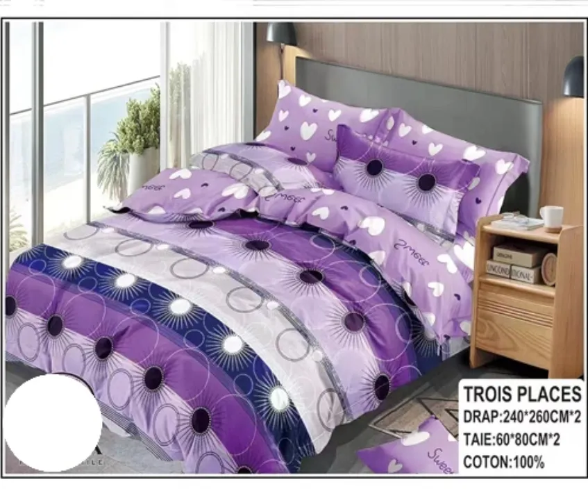 Parure de Lit 4 Pièces – 2 Draps + 2 Taies – 240×260 cm – Coton 100% – Motifs Variés