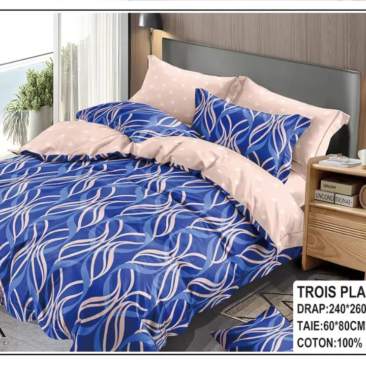 Parure de Lit 4 Pièces – 2 Draps + 2 Taies – 240×260 cm – Coton 100% – Motifs Variés