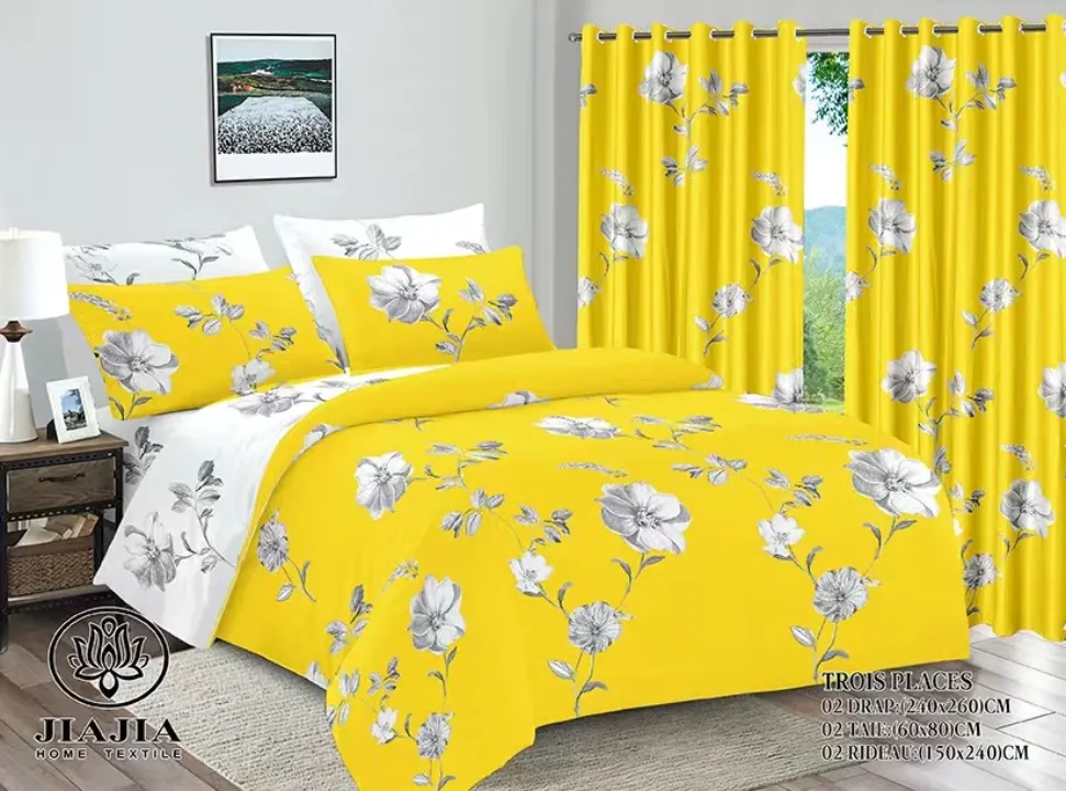 Parure de Lit 6 Pièces avec Rideaux – Motifs Variés – Draps 240×260cm – Coton Confort – Ensemble Élégant et Moderne
