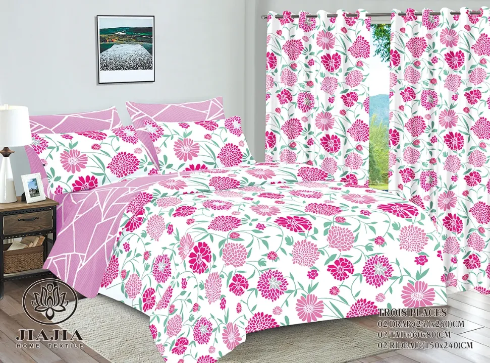 Parure de Lit 6 Pièces avec Rideaux – Motifs Variés – Draps 240×260cm – Coton Confort – Ensemble Élégant et Moderne