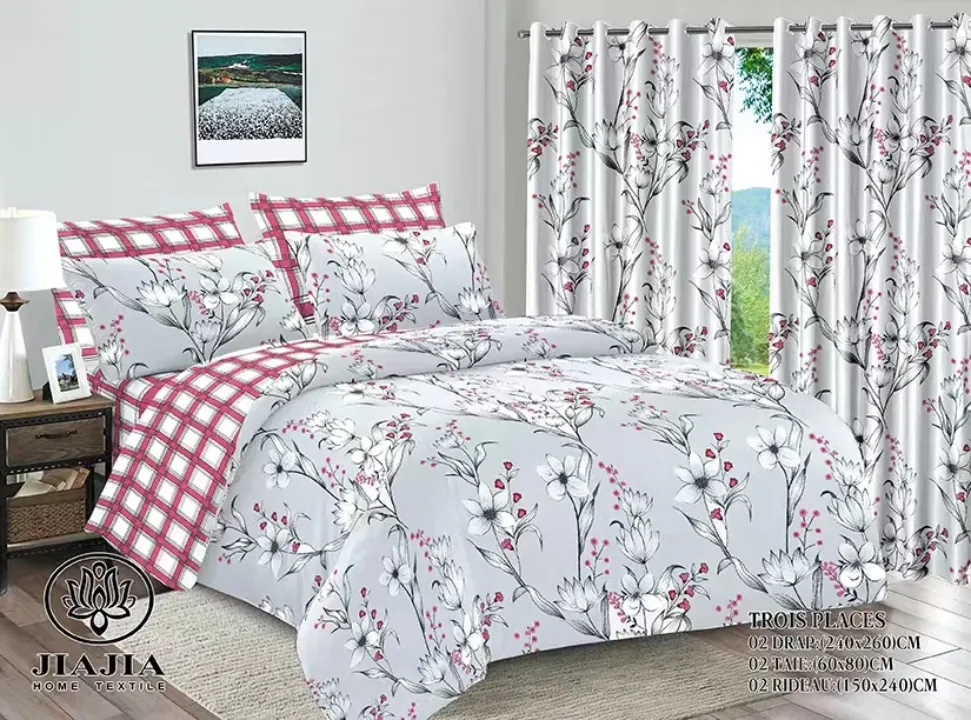 Parure de Lit 6 Pièces avec Rideaux – Motifs Variés – Draps 240×260cm – Coton Confort – Ensemble Élégant et Moderne