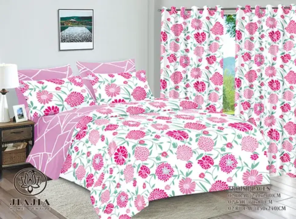 Parure de Lit 6 Pièces avec Rideaux – Motifs Variés – Draps 240×260cm – Coton Confort – Ensemble Élégant et Moderne