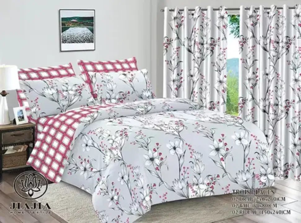 Parure de Lit 6 Pièces avec Rideaux – Motifs Variés – Draps 240×260cm – Coton Confort – Ensemble Élégant et Moderne