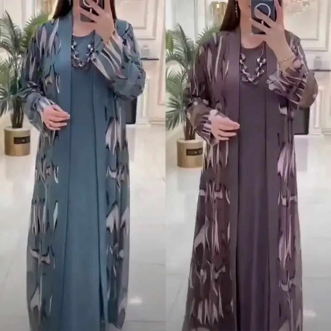 Abaya Élégante avec Kimono Imprimé – 2 Pièces Coordonnées