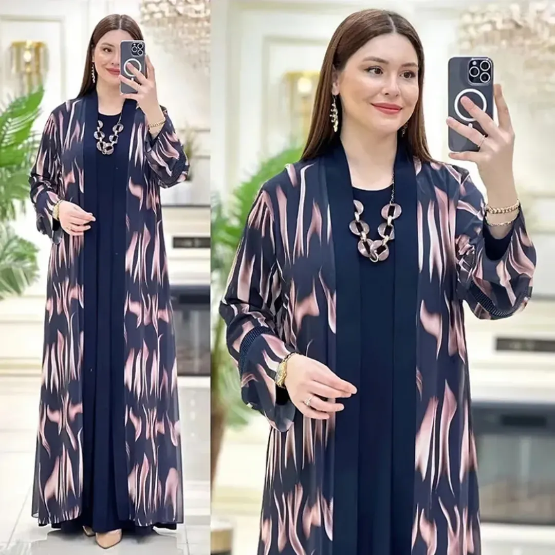 Abaya Élégante avec Kimono Imprimé – 2 Pièces Coordonnées