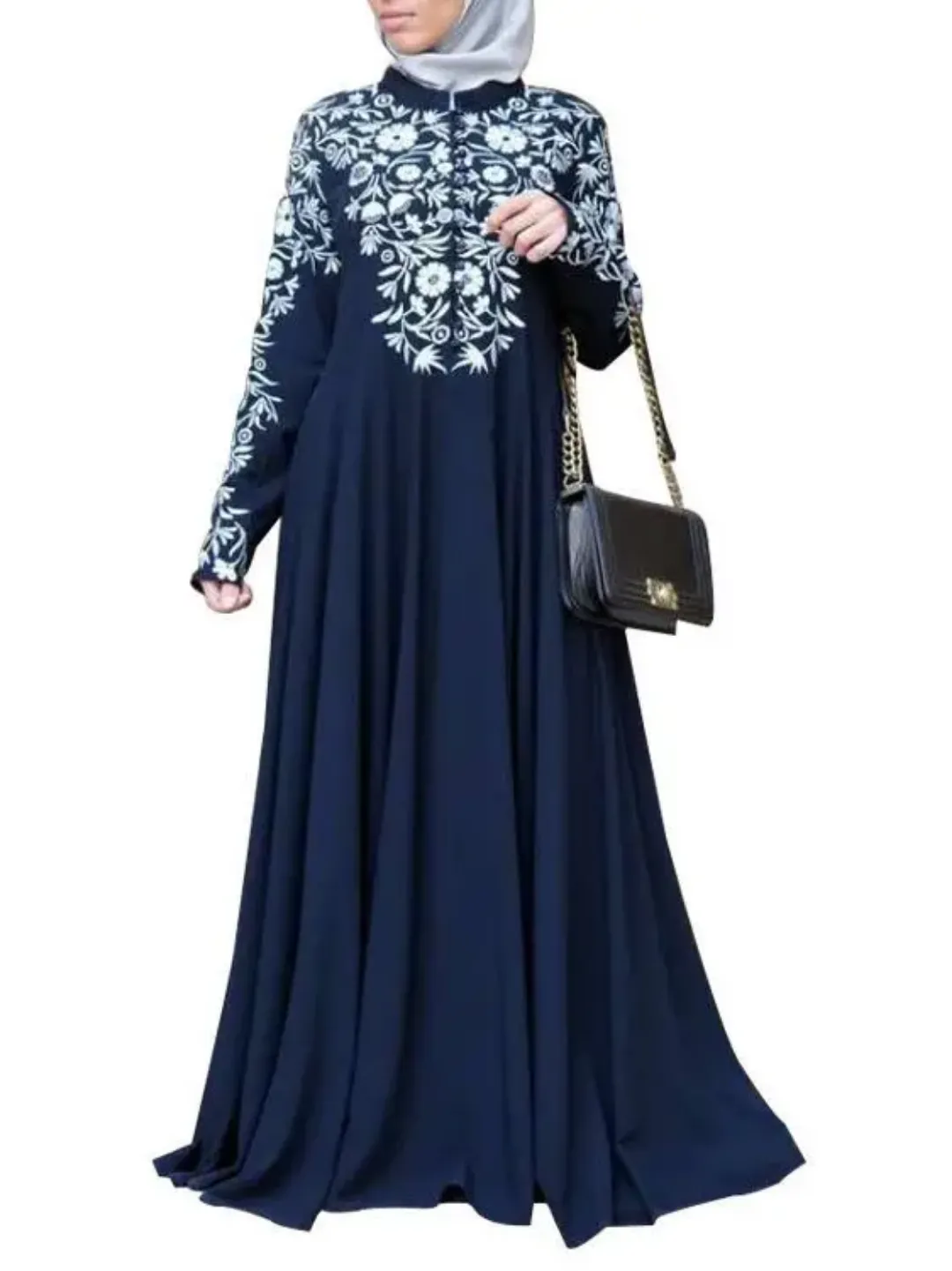 Robe Longue Grise à Broderies Florales – Style Modeste Élégant