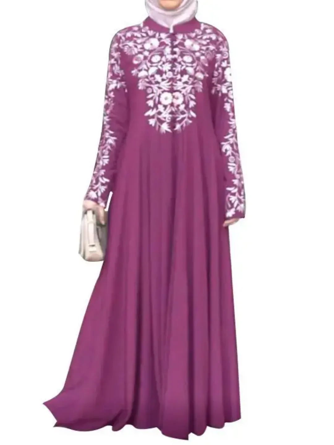 Robe Longue Grise à Broderies Florales – Style Modeste Élégant
