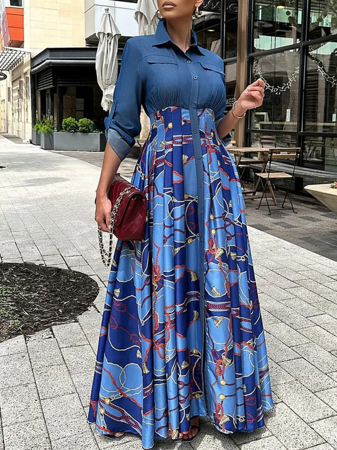 Robe Longue Chic avec Haut en Jean et Jupe Imprimée – Style Bimatière
