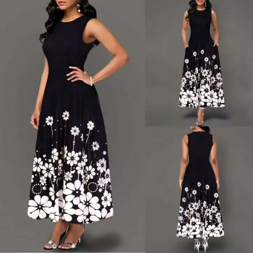 Robe Longue Blanche sans Manches à Imprimé Floral Violet