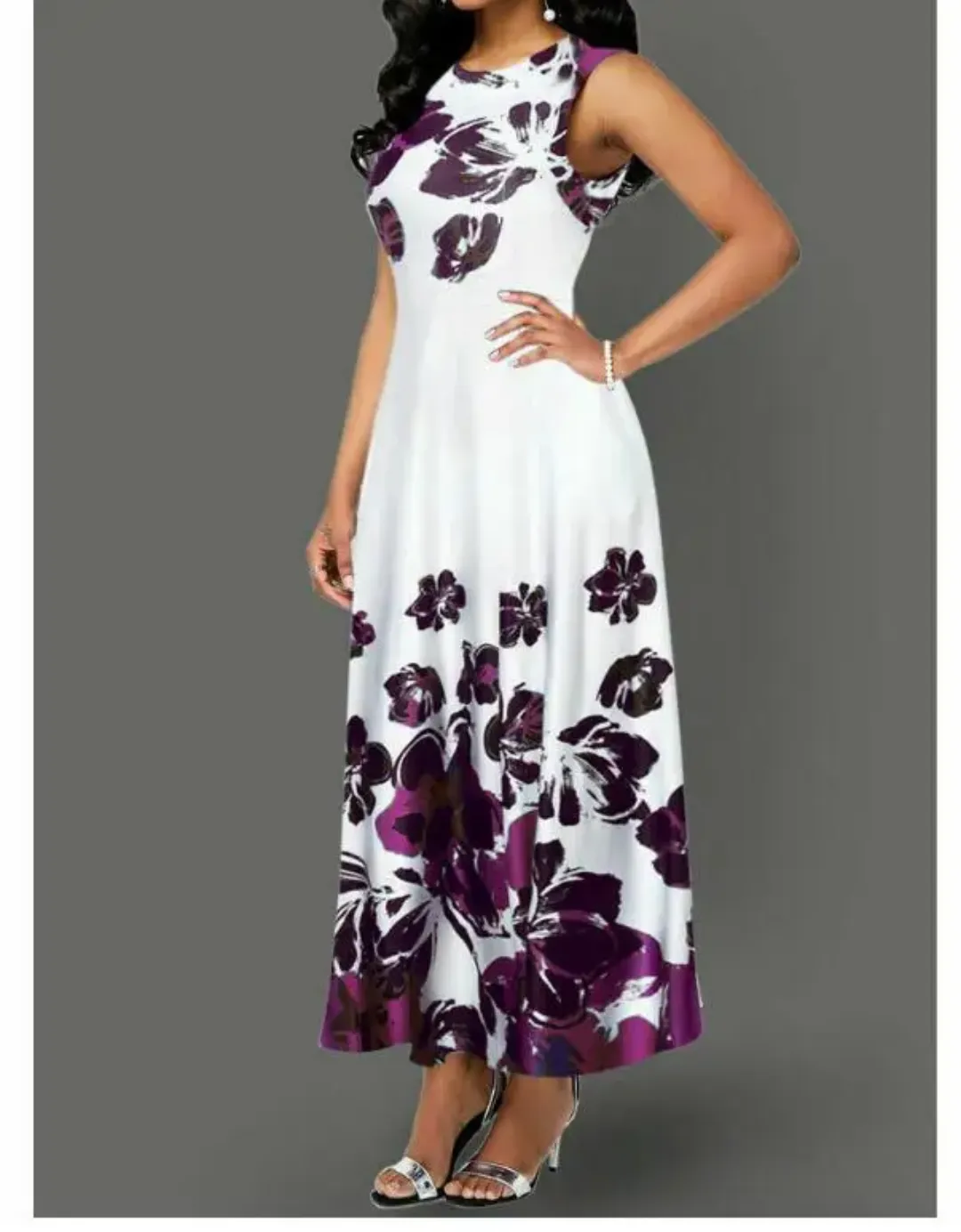 Robe Longue Blanche sans Manches à Imprimé Floral Violet