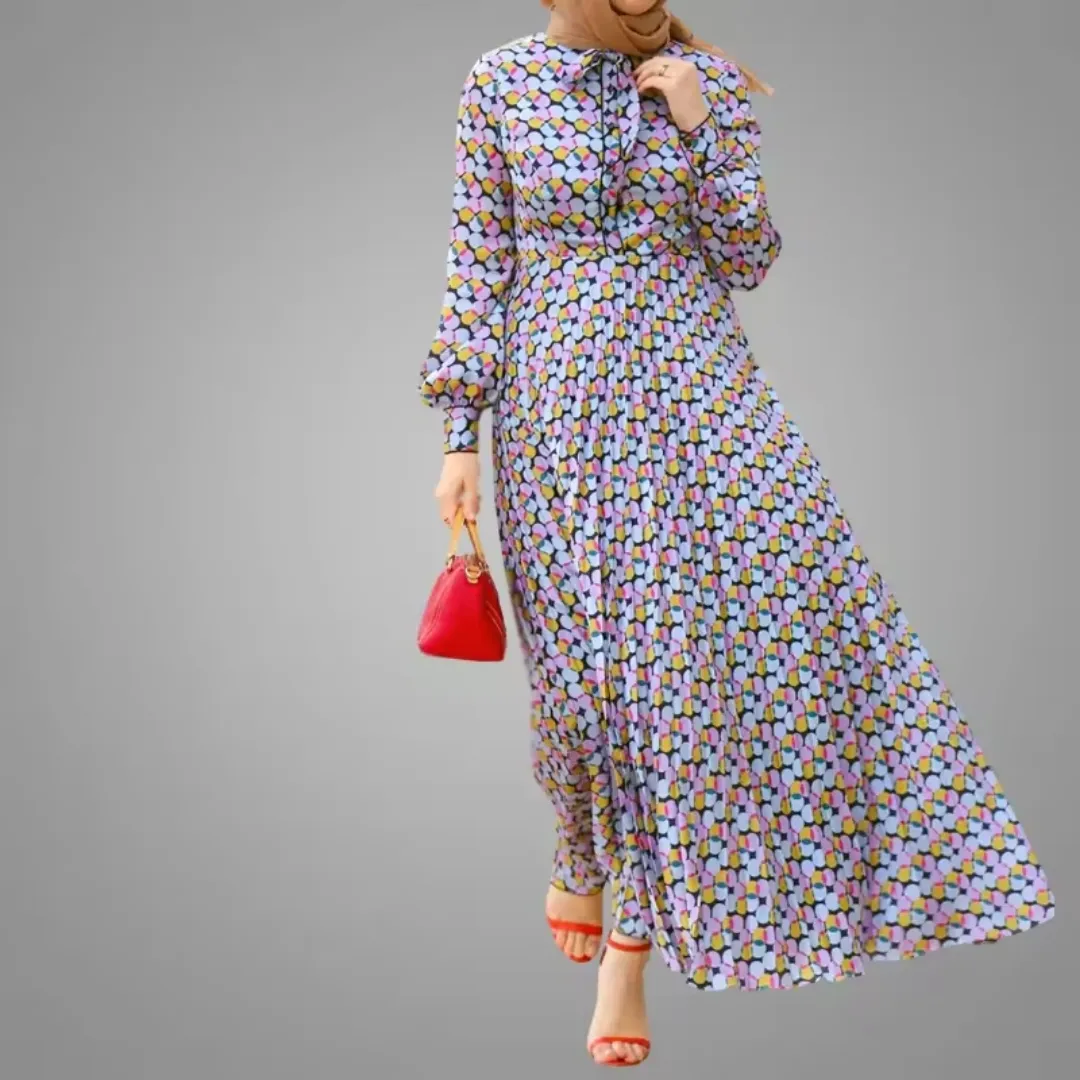 Robe Longue Plissée à Motifs Géométriques Multicolores