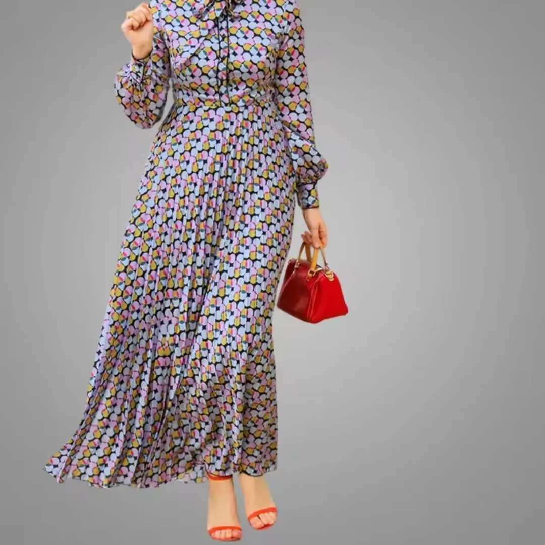 Robe Longue Plissée à Motifs Géométriques Multicolores
