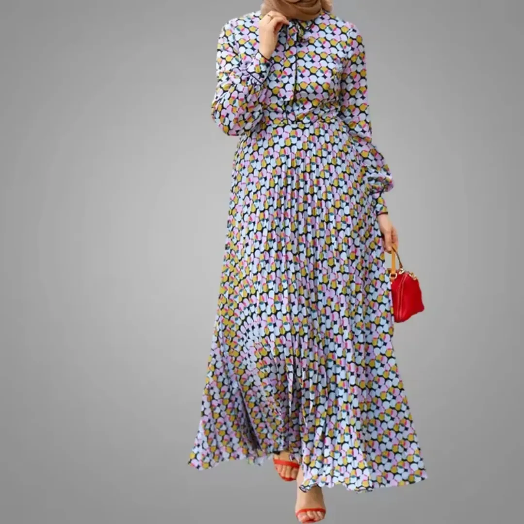 Robe Longue Plissée à Motifs Géométriques Multicolores