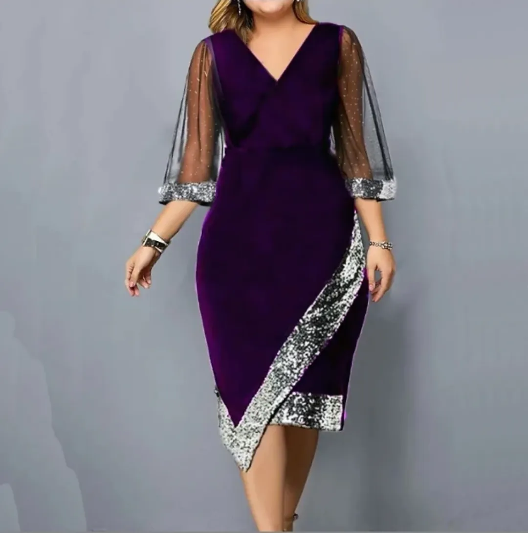 Robe Élégante Noire Grande Taille avec Manches Voile et Paillettes Argentées