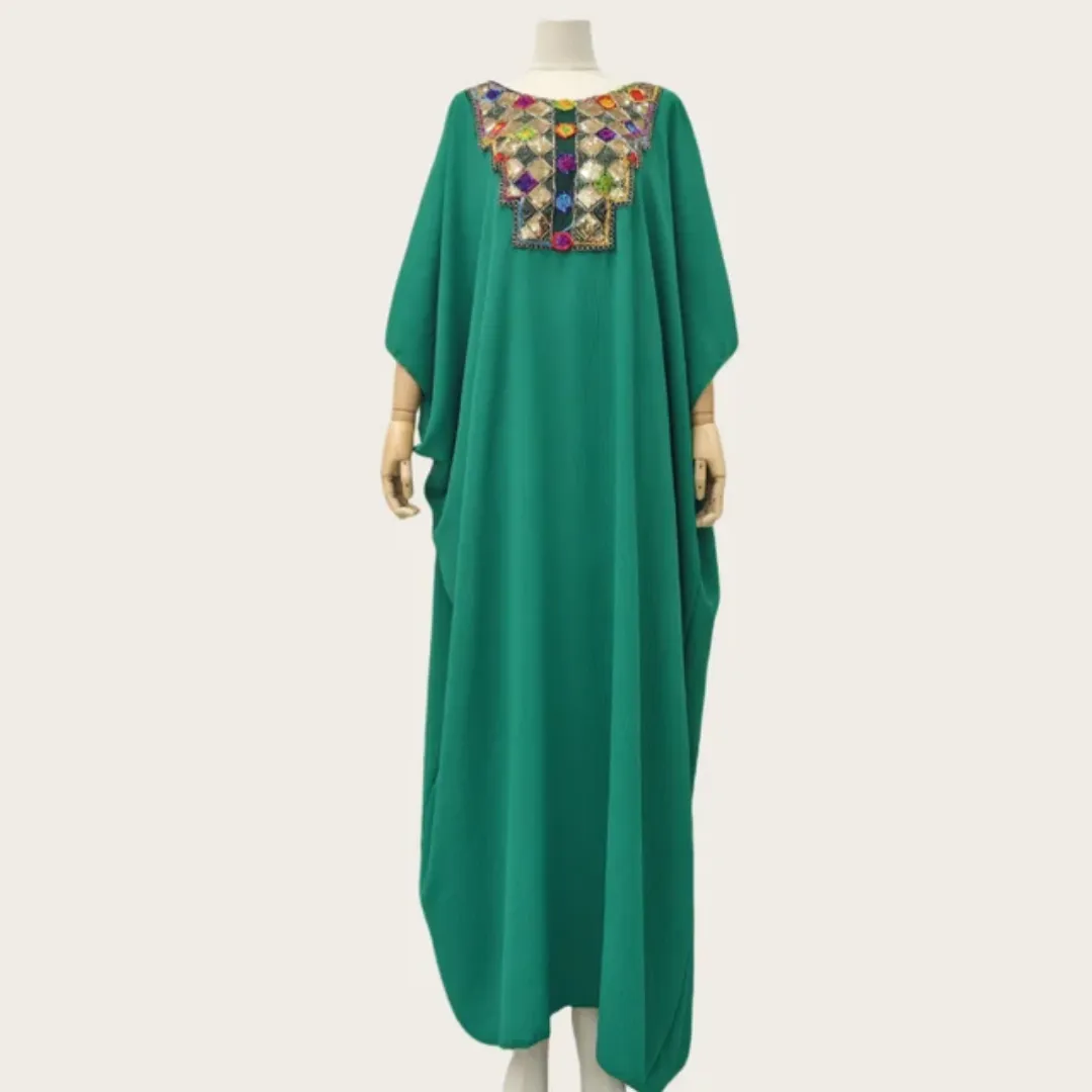 Robe Caftan Fluide Émeraude à Broderies Multicolores