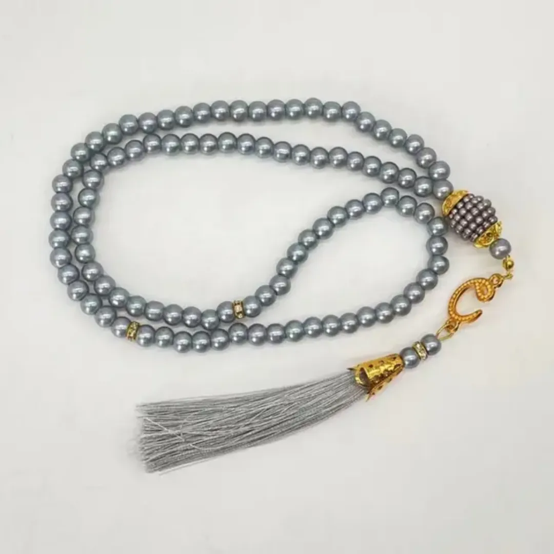 Misbaha Élégance Rose – Chapelet Musulman avec Perles Roses Nacrées et Pompon Doré