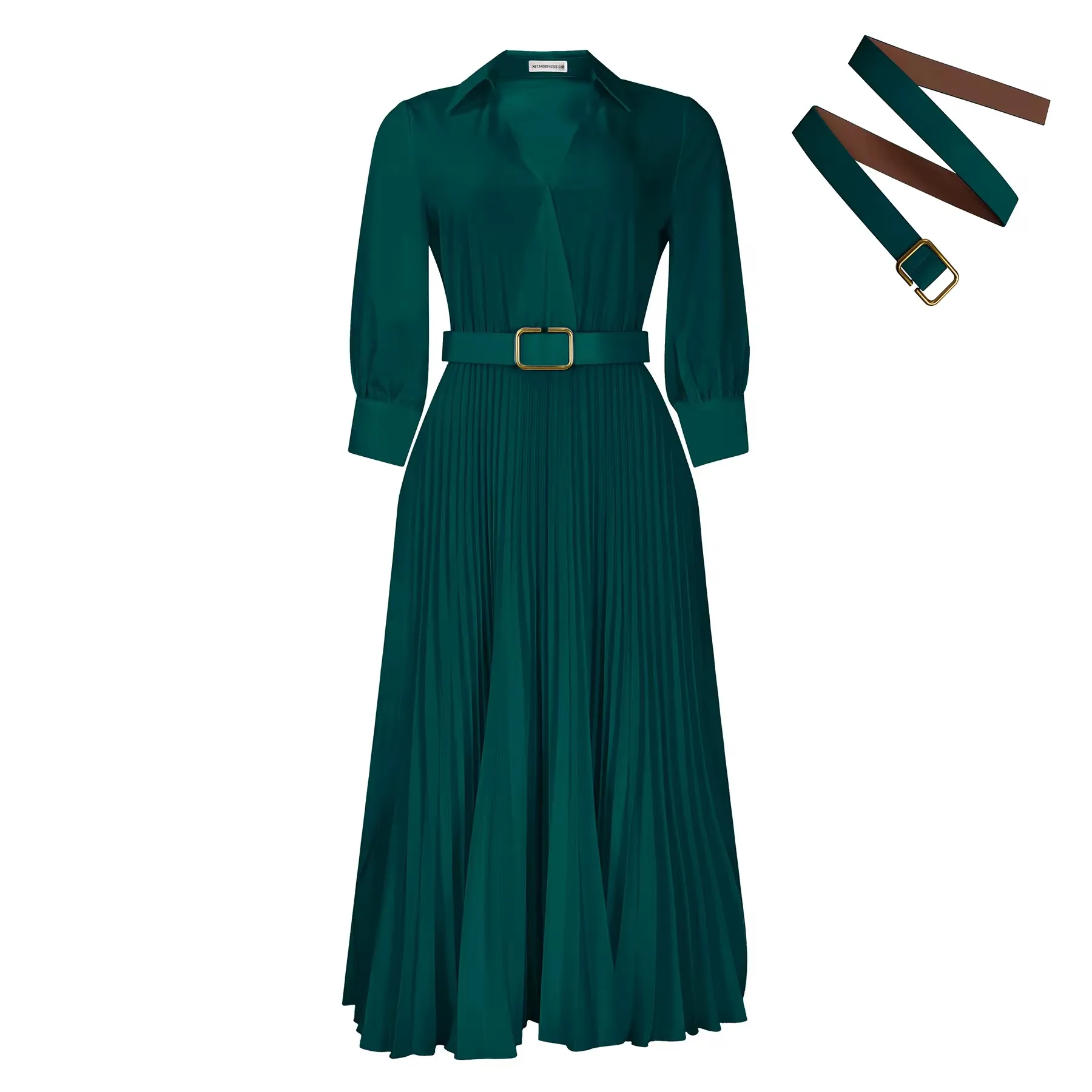 Robe Maxi Élégante pour Femme – Col en V, Manches Longues, Plissée avec Ceinture, Style Bureau Chic