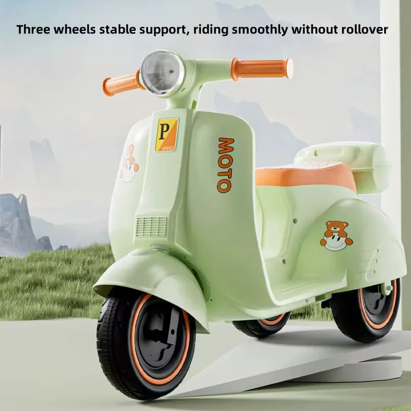 Moto Électrique Enfant Design Rétro – Modèle Vert Pastel avec Décor Ours