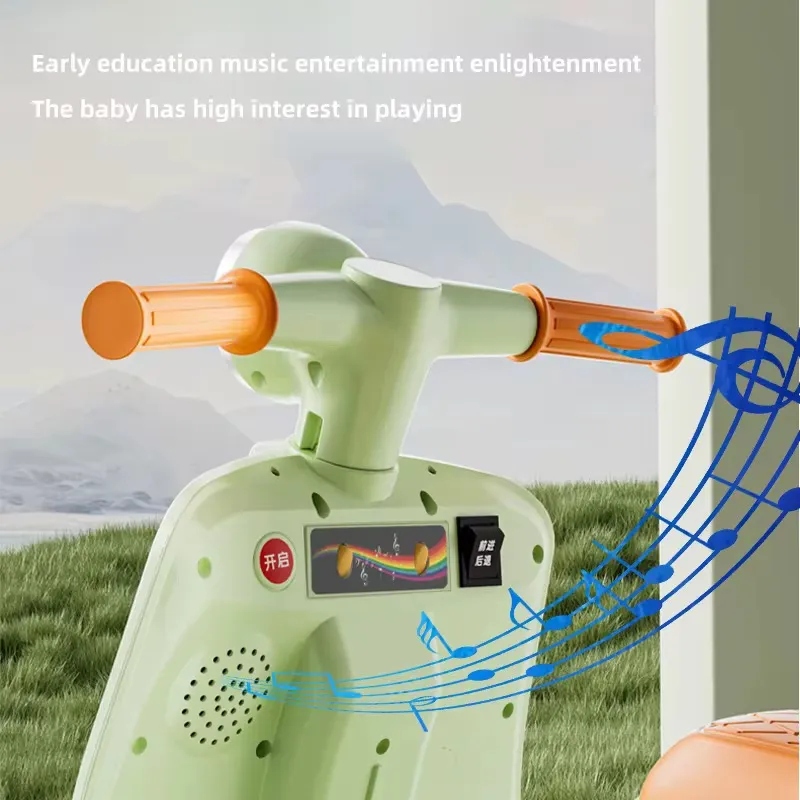Moto Électrique Enfant Design Rétro – Modèle Vert Pastel avec Décor Ours