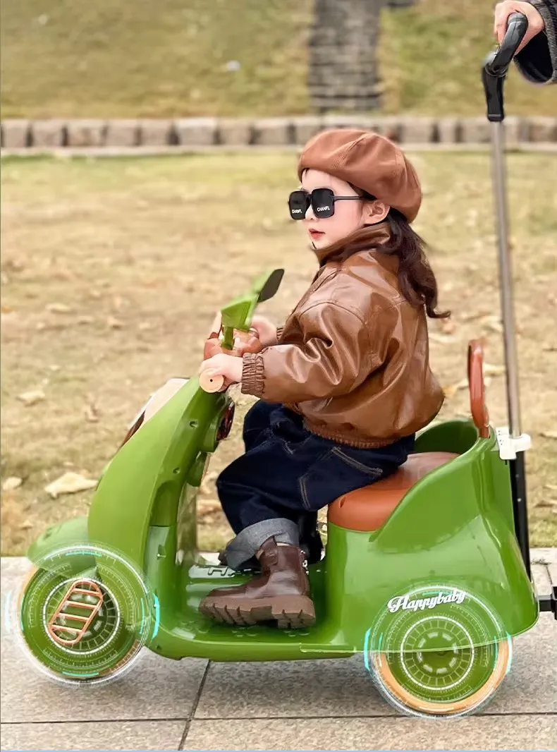 Moto Électrique Enfant Type Vespa – Vert Olive Vintage, 3 Roues Stables, Avec Coffre Arrière