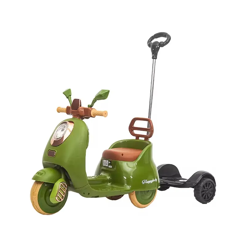 Moto Électrique Enfant Type Vespa – Vert Olive Vintage, 3 Roues Stables, Avec Coffre Arrière