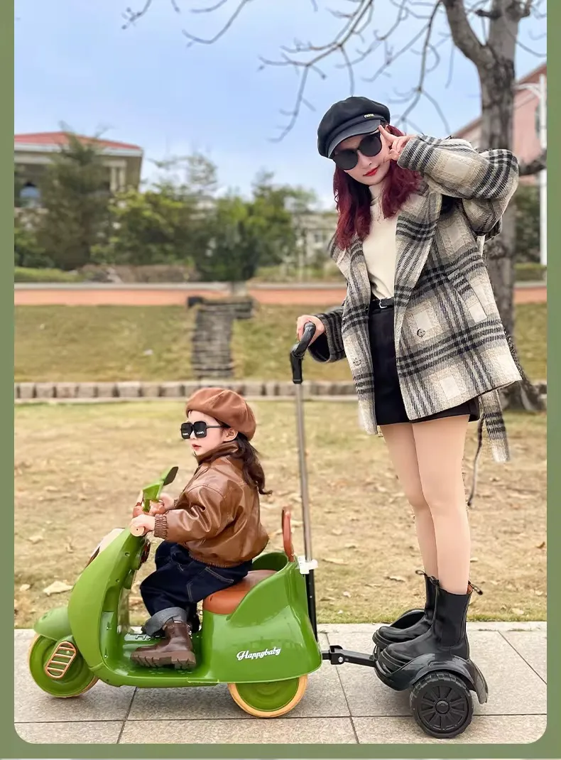 Moto Électrique Enfant Type Vespa – Vert Olive Vintage, 3 Roues Stables, Avec Coffre Arrière