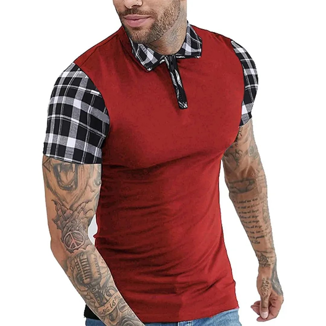 T-shirt Homme Bimatière – Col Chemise et Manches à Carreaux