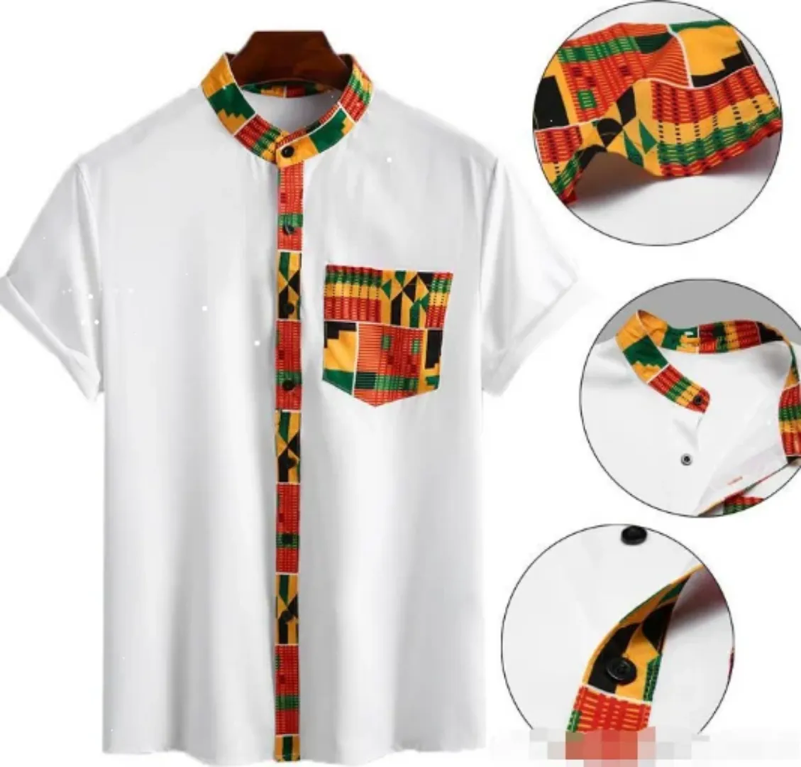 Chemise Africaine Blanche à Détail Kente – Col Mao et Poche Stylée