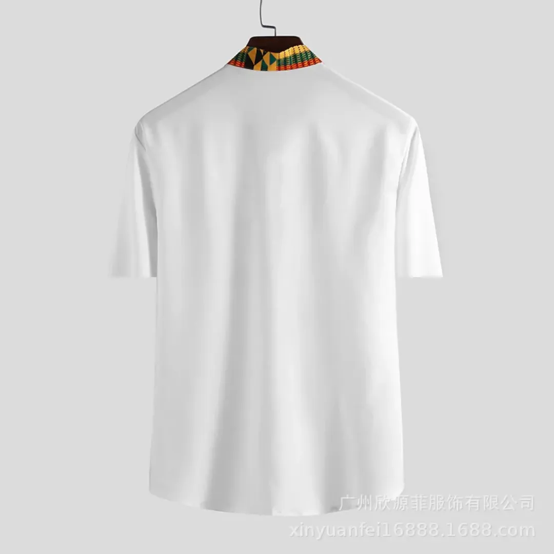 Chemise Africaine Blanche à Détail Kente – Col Mao et Poche Stylée