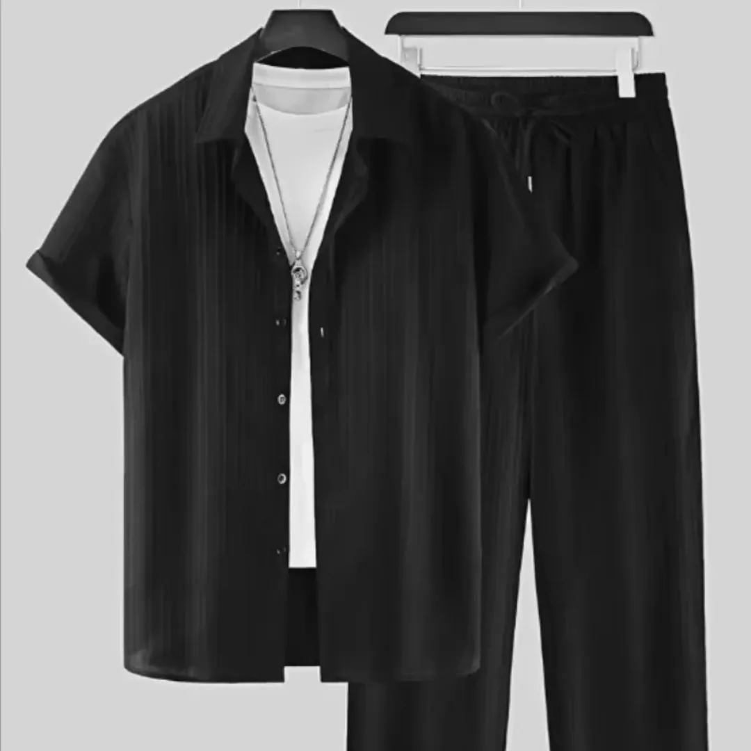 Ensemble Homme Décontracté à Rayures – Chemise et Pantalon Stylé