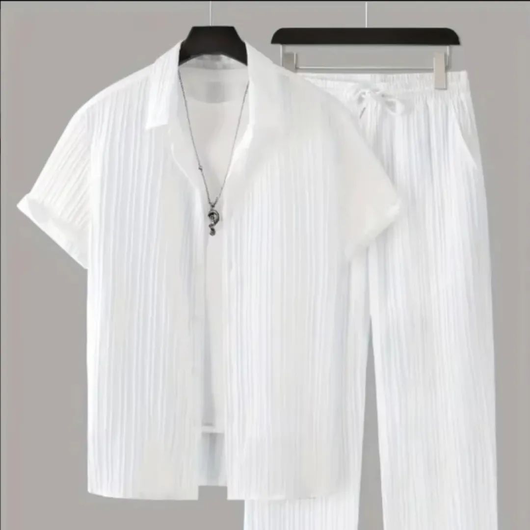 Ensemble Homme Décontracté à Rayures – Chemise et Pantalon Stylé