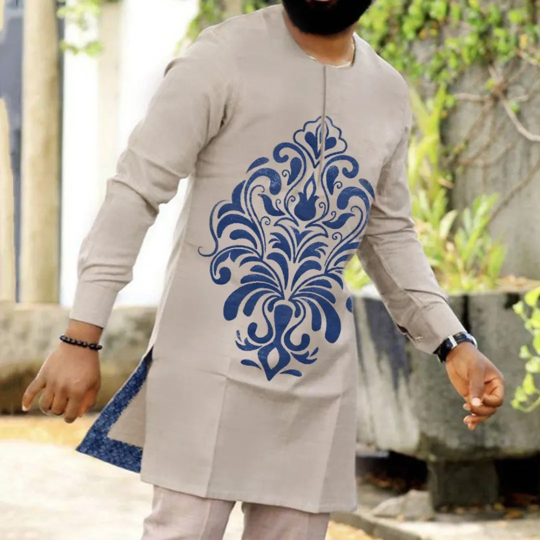 Tunique Africaine Homme – Beige avec Motif Royal Bleu