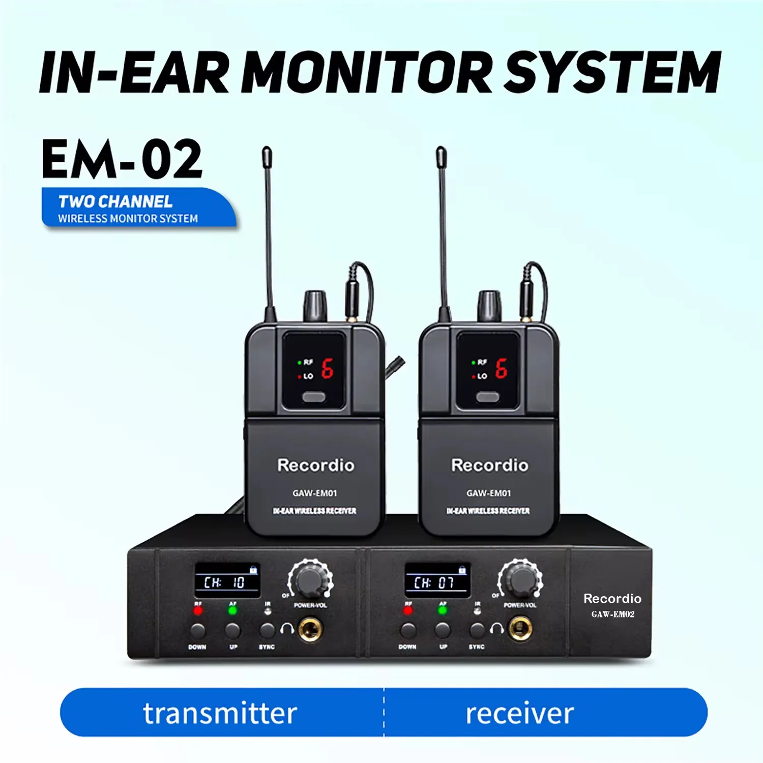 Système de Retour In-Ear Sans Fil Double Émetteur – 16 Canaux, Affichage LCD, Transmission FM Mono
