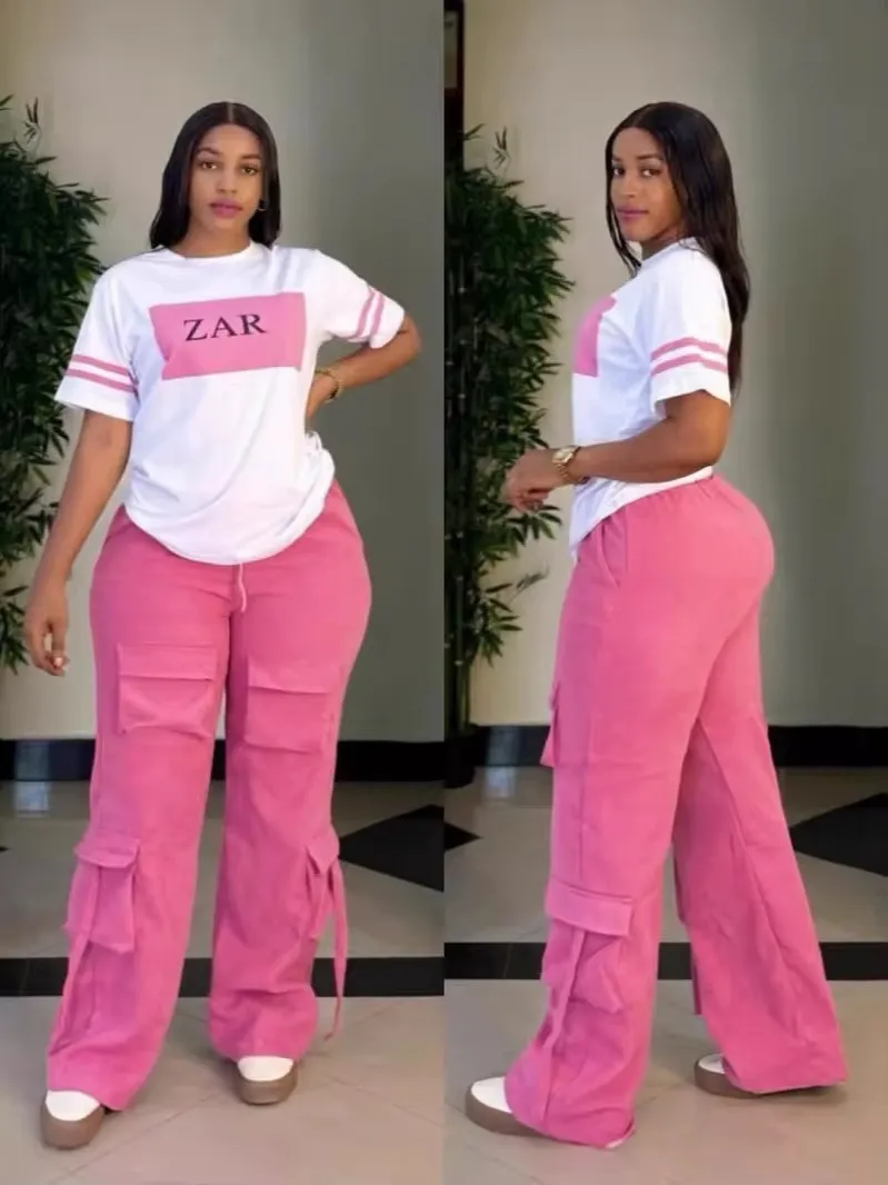 Ensemble Décontracté Femme 2 Pièces – T-shirt Imprimé ZAR + Pantalon Cargo Taille Haute