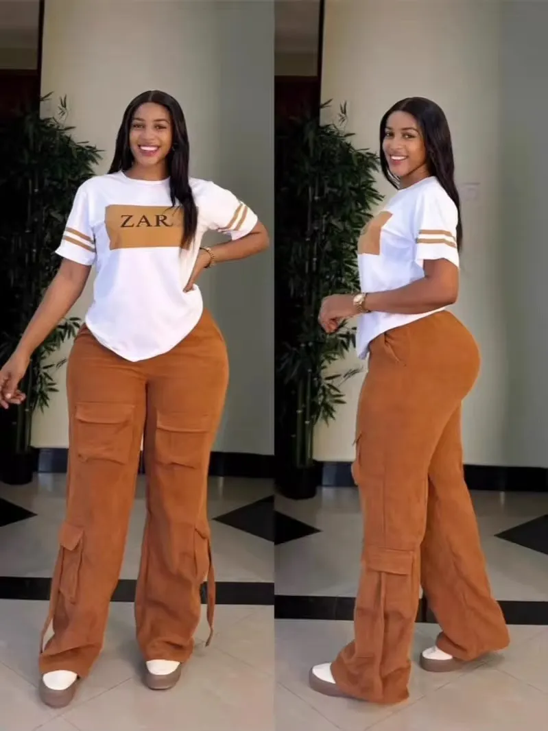 Ensemble Décontracté Femme 2 Pièces – T-shirt Imprimé ZAR + Pantalon Cargo Taille Haute