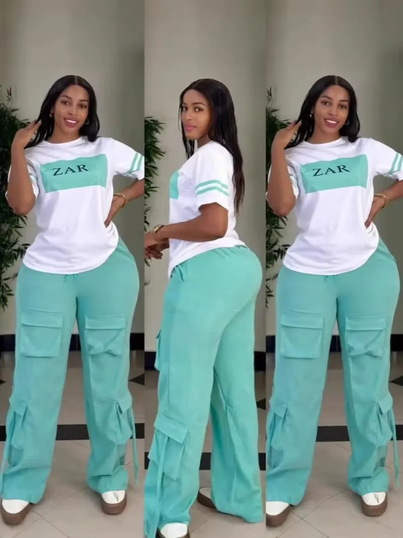 Ensemble Décontracté Femme 2 Pièces – T-shirt Imprimé ZAR + Pantalon Cargo Taille Haute