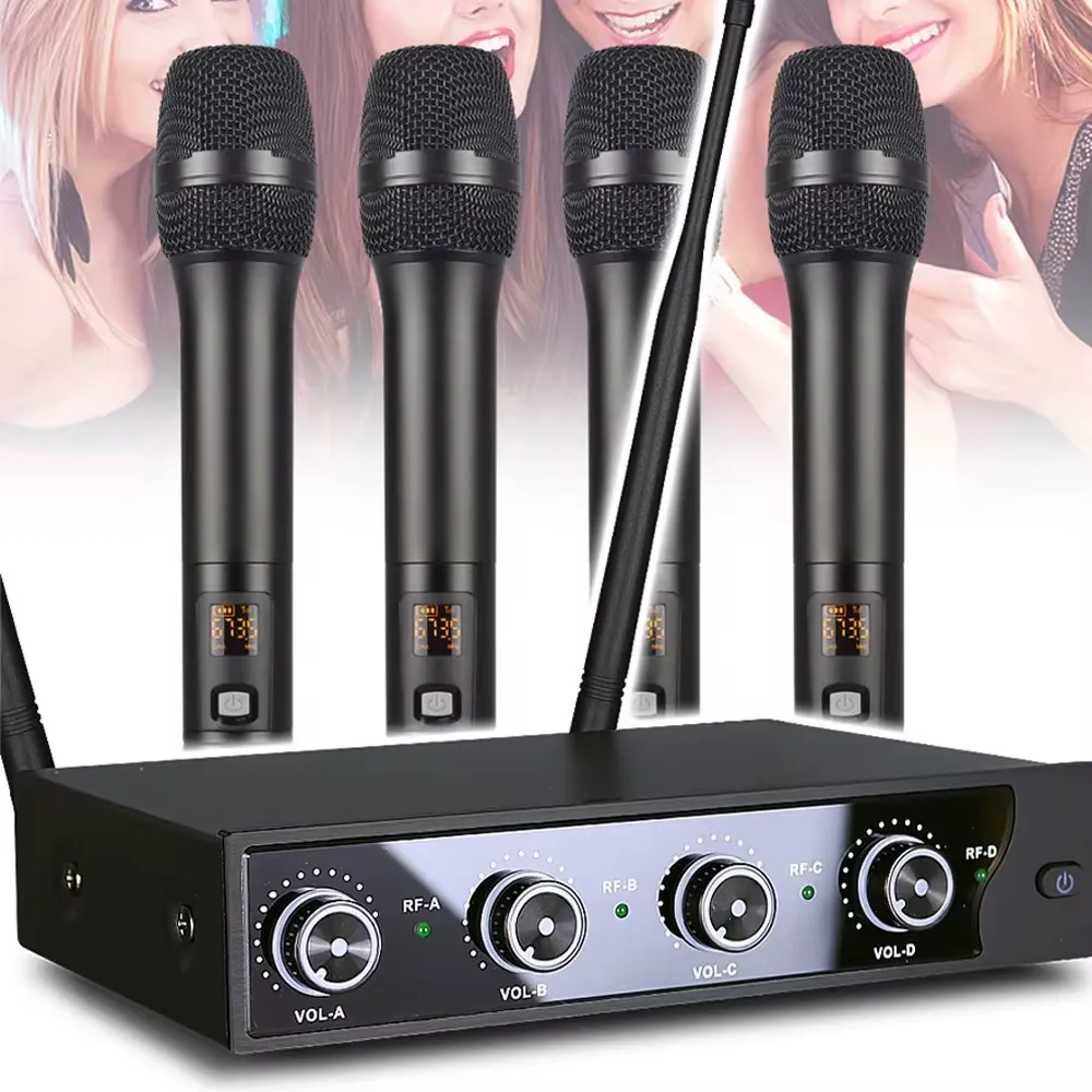 Ensemble de Microphones Sans Fil UHF à Fréquence Réglable – 4 Micros + Récepteur | Longue Portée 100m | Matériau Métal