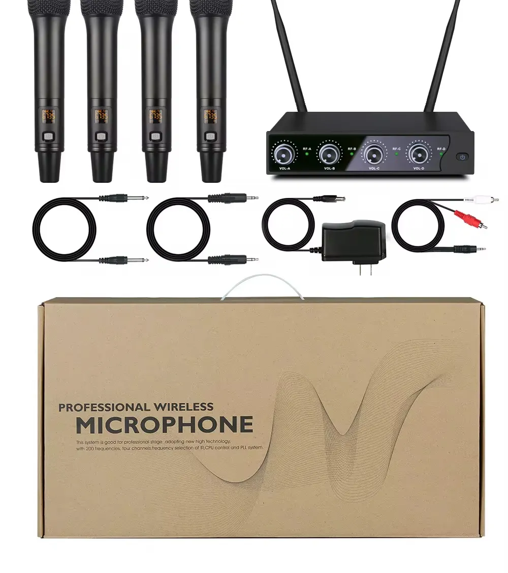 Ensemble de Microphones Sans Fil UHF à Fréquence Réglable – 4 Micros + Récepteur | Longue Portée 100m | Matériau Métal
