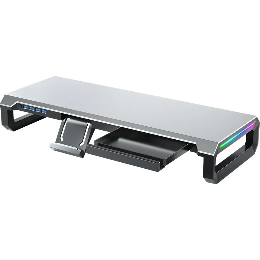 Support de moniteur multifonction avec 4 ports USB – Tiroir intégré – Refroidissement passif – Design ergonomique