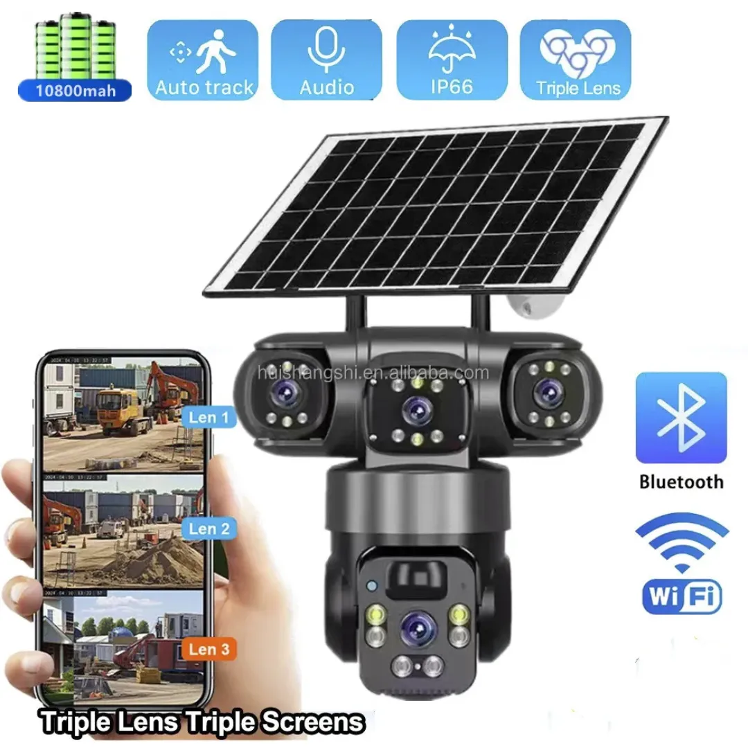 Caméra de Surveillance Solaire 4G PTZ 15MP – Vision Nocturne 8K, Détection de Mouvement, Audio Bidirectionnel, IP66 Étanche, 3 Objectifs Réels