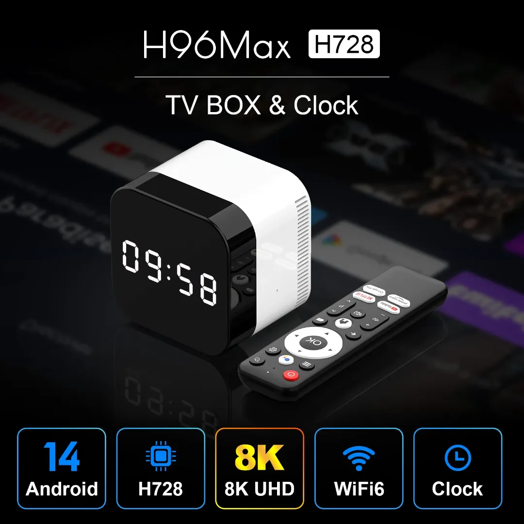 H96 Max H728 – Box TV Android avec Horloge Digitale