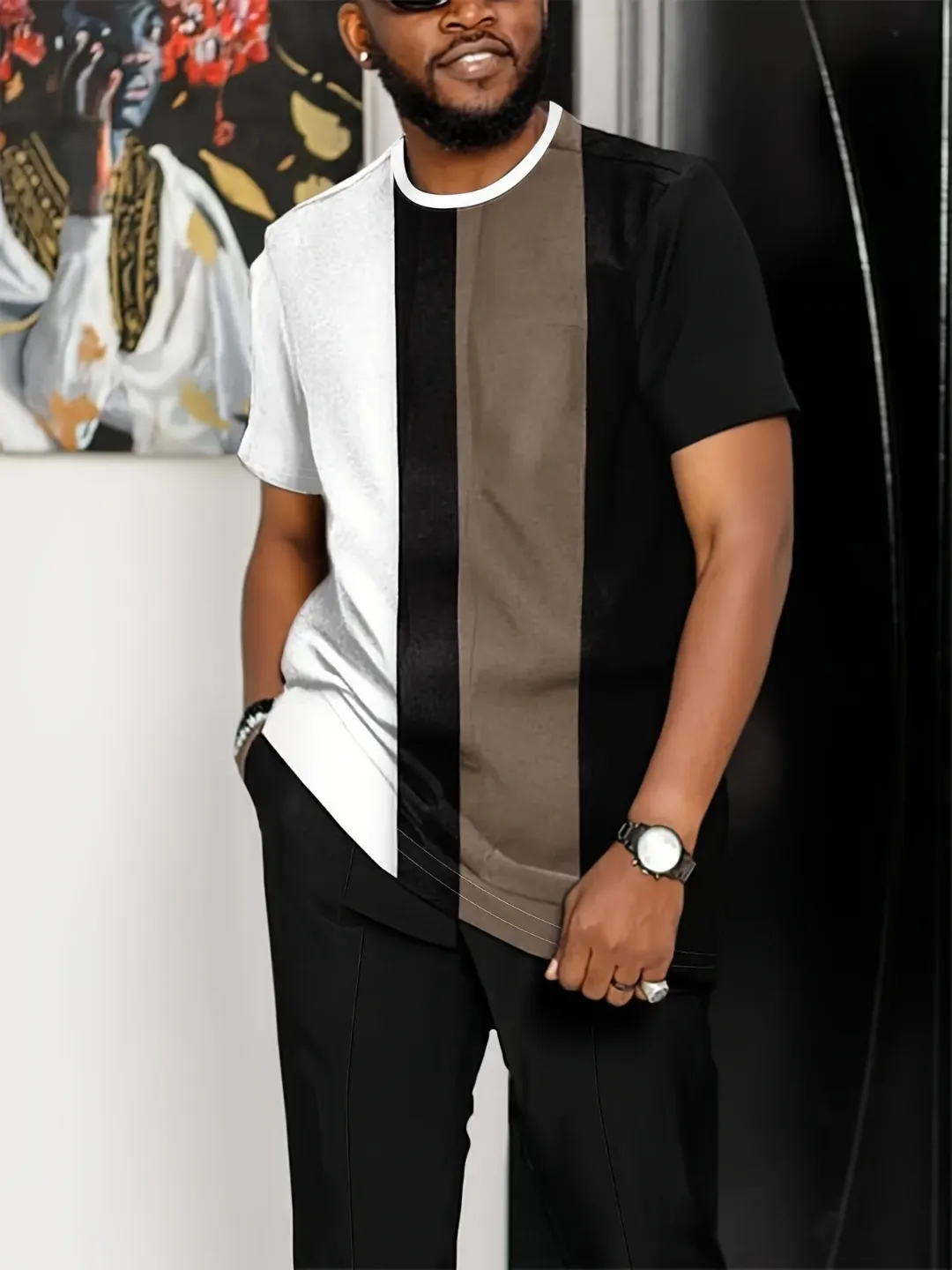 T-shirt Homme Imprimé Africain Moderne – Noir, Beige et Or