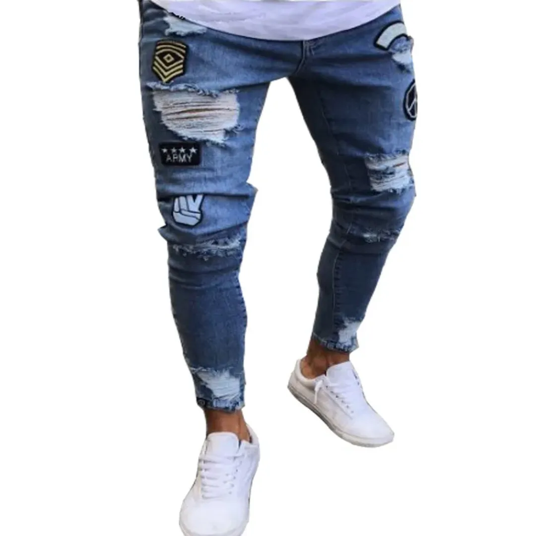 Jean Slim Homme Déchiré avec Broderies "Eat Chicken"