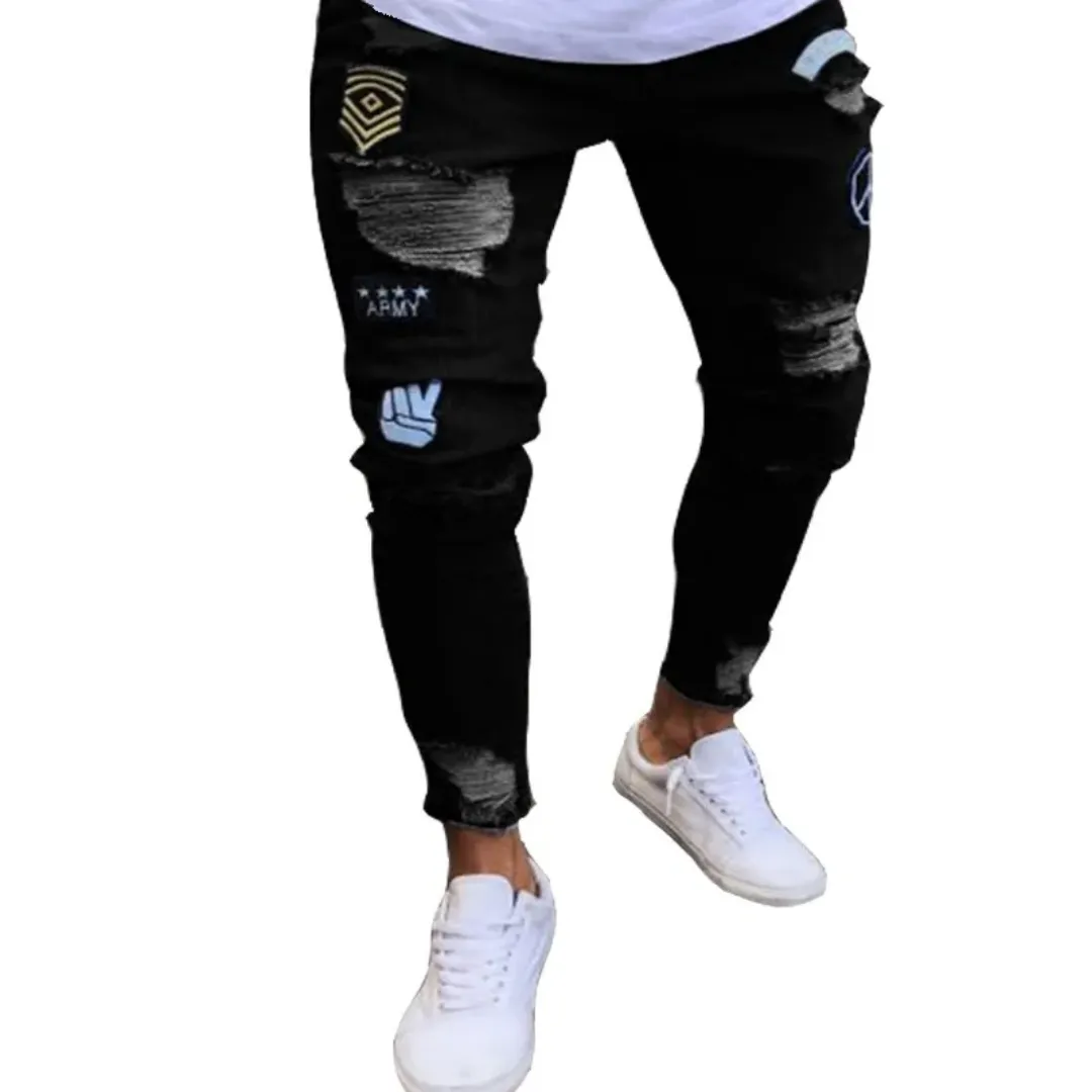 Jean Slim Homme Déchiré avec Broderies "Eat Chicken"