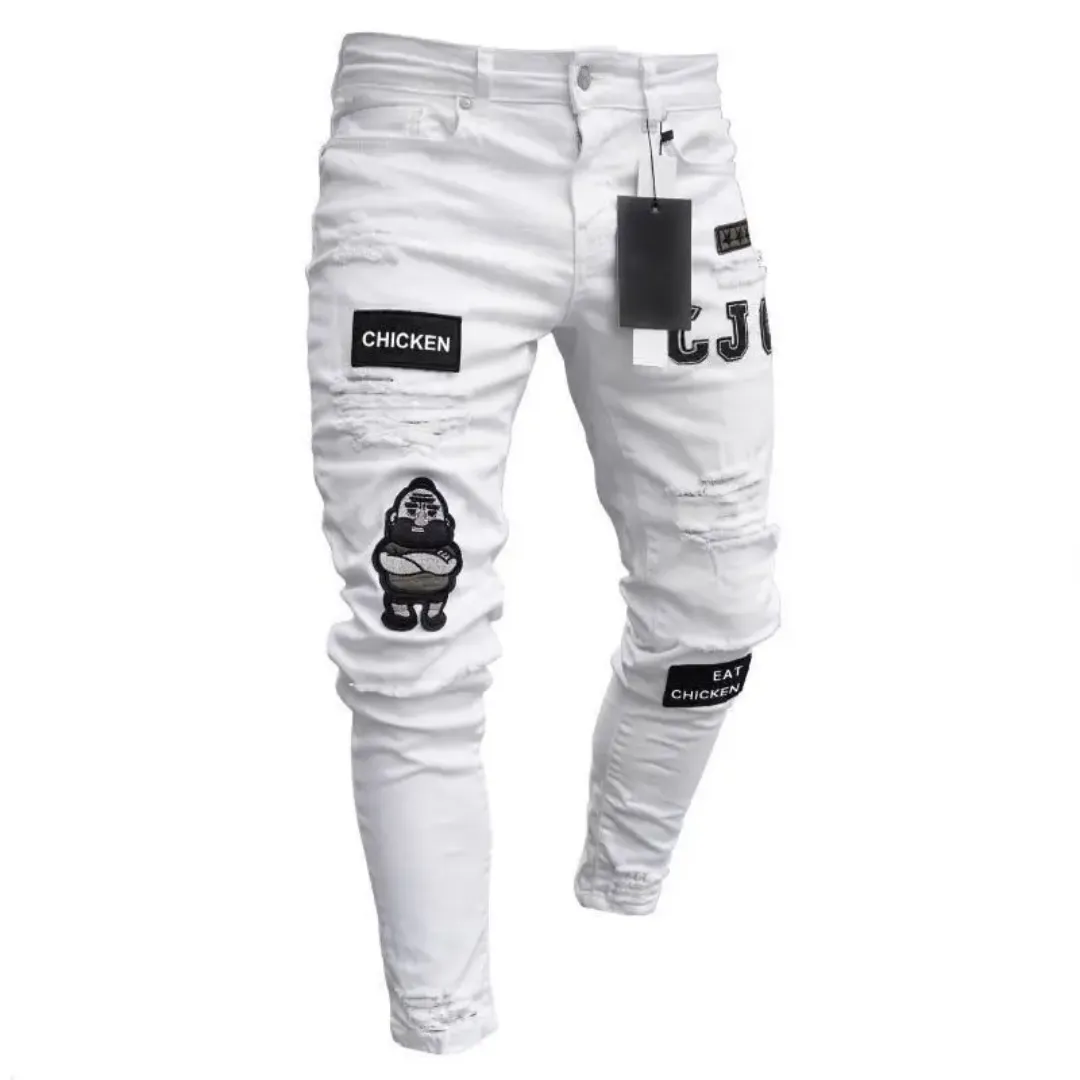 Jean Slim Homme Déchiré avec Broderies "Eat Chicken"