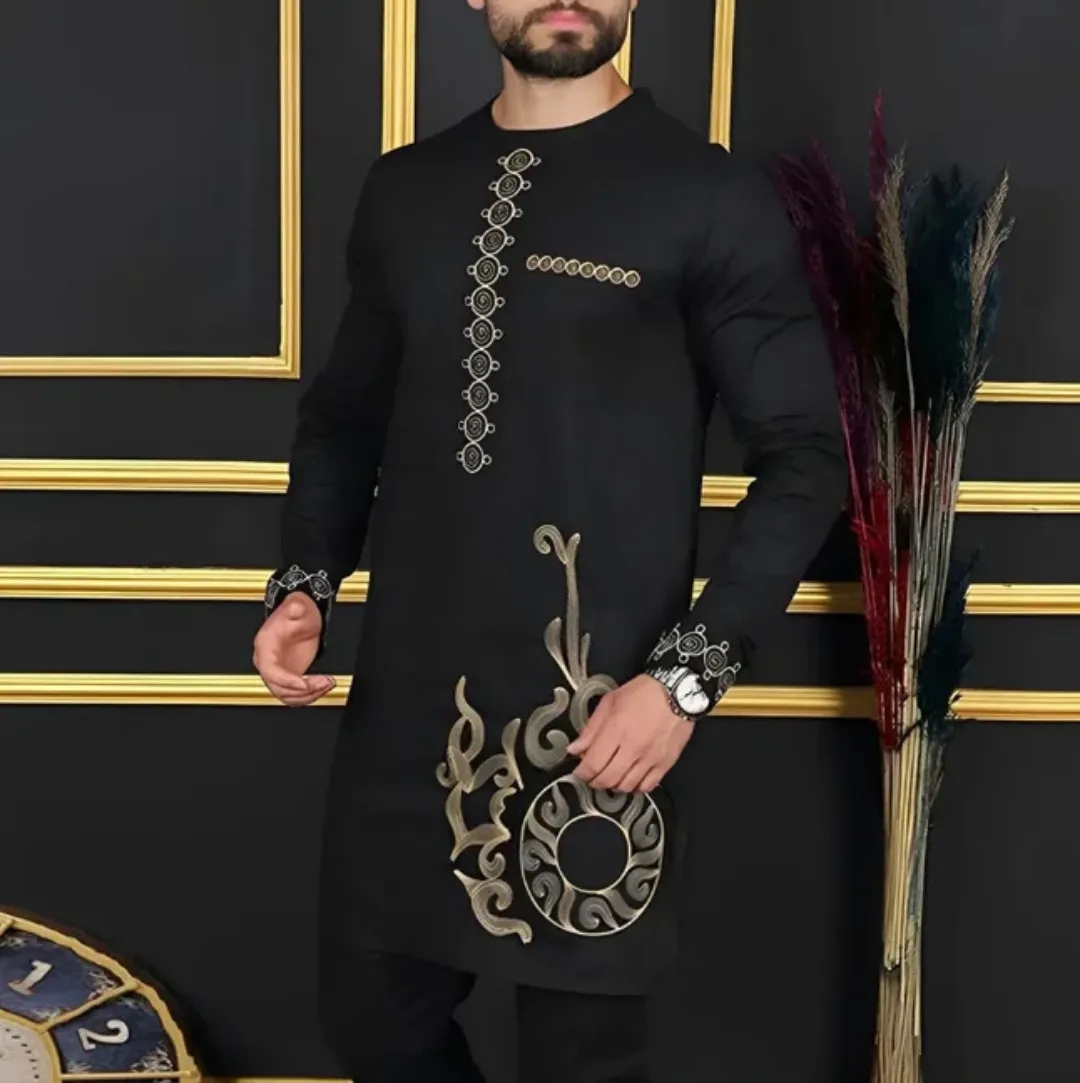 Ensemble Traditionnel Homme Brodé – Bleu Nuit Élégant
