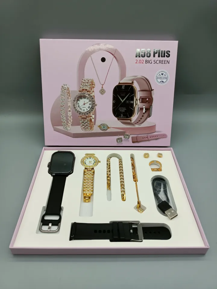 Coffret Cadeau A58 Plus – Montre Connectée, Bijoux & Accessoires (9 en 1)