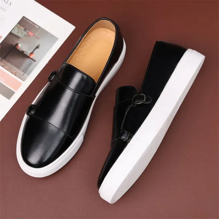 Mocassins Décontractés Homme – Cuir Marron avec Boucles et Semelle Blanche