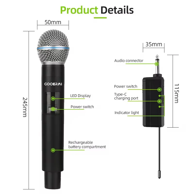 🎤 Microphone Sans Fil Professionnel GOOERMI - Pack Duo Rechargeable  ✅ Titre optimisé :  Microphones sans fil GOOERMI MIM-MRA58 - Duo professionnel rechargeable avec récepteur Jack 6.35mm